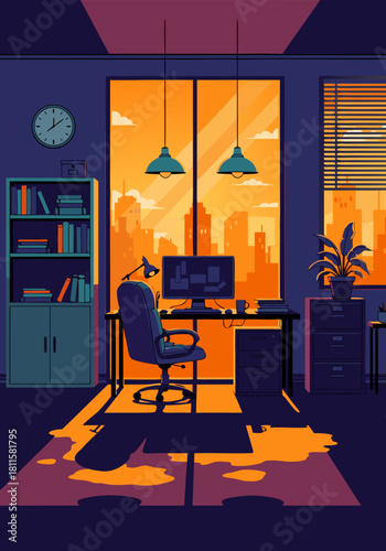 Pixel art office workspace bathed in warm sunset light, featuring a desk with a computer, chair, and shelves, overlooking a city skyline