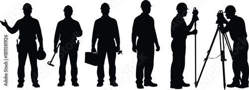 Construction worker and engineer silhouette vector set, hard hat, surveying, holding tools, foreman, job site, civil engineering, full body.