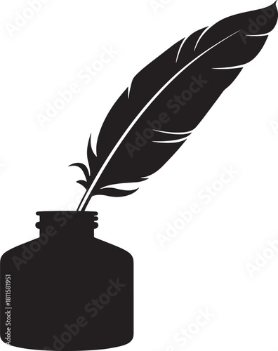 Black quill pen in inkwell vector silhouette with transparent background
