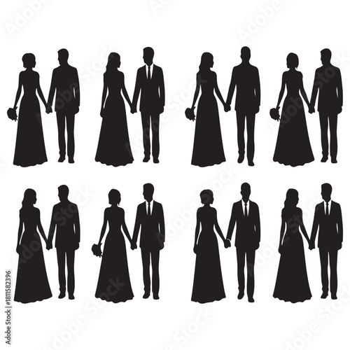 Wedding couple silhouettes, bride and groom, love and marriage