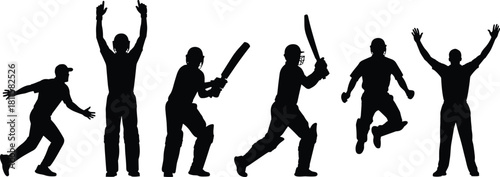 Cricket player silhouette vector set, batting, victory celebration, appeal, fielding, sport action, batsman, championship game, umpire signal.