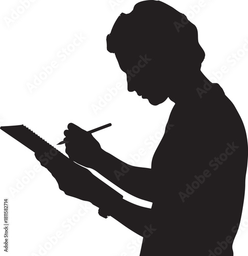 Female silhouette writing on notepad illustrating creative note taking concept
