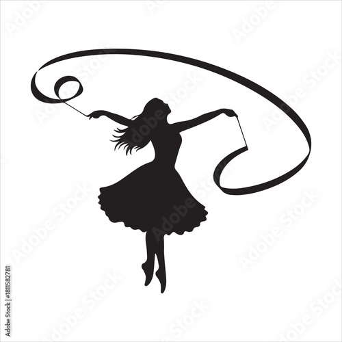 Silhouette of graceful rhythmic gymnast dancing with a ribbon