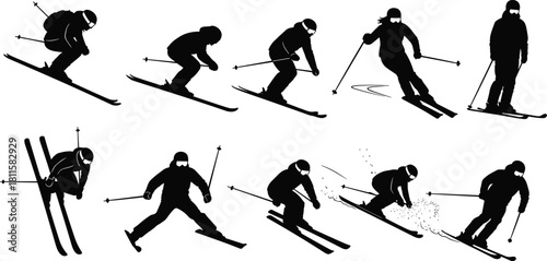 Downhill skier silhouette vector set, male and female, winter sport, skiing action, mountain recreation, snow slope, athletic activity, speed.