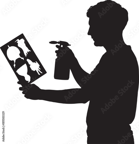 Man silhouette spraying liquid cleaner holding template against transparent bg