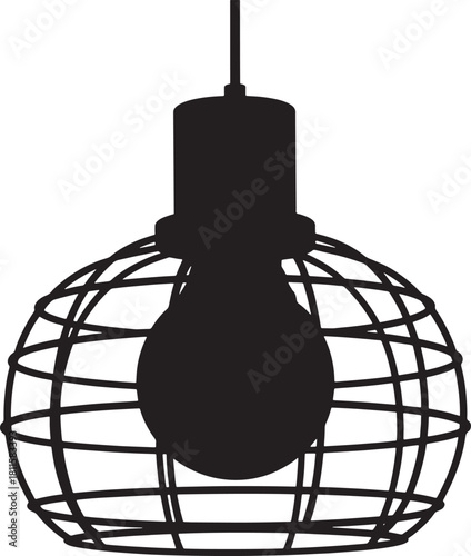 Metal industrial hanging cage light fixture with lightbulb silhouette on transparent grid