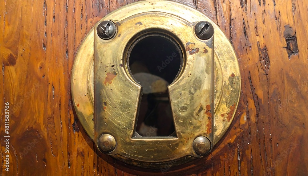 Fototapeta premium Close-up of a well-worn, antique keyhole escutcheon plate made of brass, mounted on a wooden door. The keyhole is open