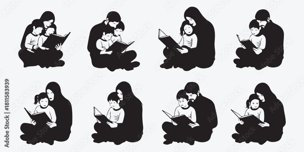 Obraz premium Parents and children reading together, family literacy learning