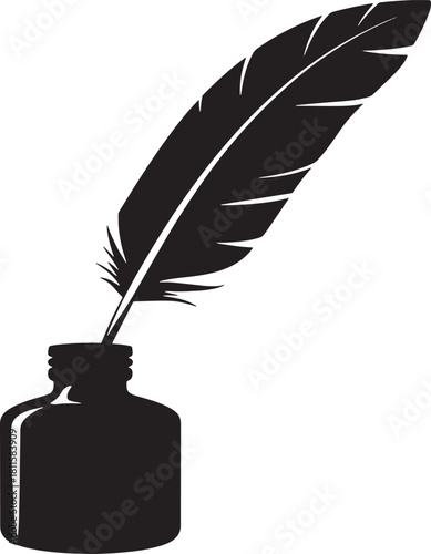 Quill pen in inkwell vector silhouette against transparent backdrop design