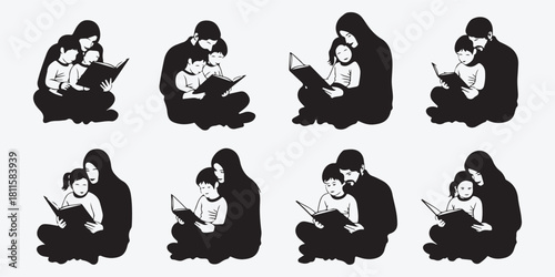 Parents and children reading together, family literacy learning