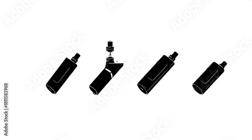 Minimalist product graphic featuring four sleek vaping devices drawn as solid black silhouettes with crisp white outline elements, accentuating their modern designs, evenly spaced across a clean and p