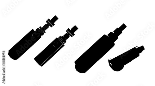 Minimalist product graphic featuring four sleek vaping devices drawn as solid black silhouettes with crisp white outline elements, accentuating their modern designs, evenly spaced across a clean and p