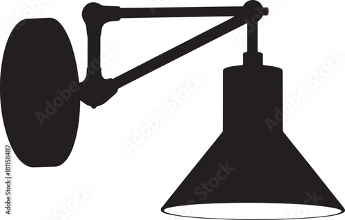 Silhouette of industrial wall lamp with straight arm and conical lampshade design