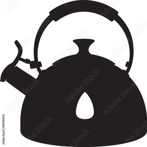 Silhouette of kettle with short spout pouring hot water on transparent backdrop