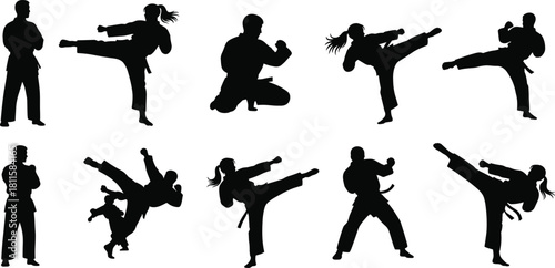 Martial arts karate silhouette vector set, male and female, high kick, dynamic fighting poses, combat training, self-defense, athletic sport.