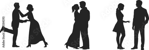Romantic couple silhouette vector set, love, dating, embracing, formal dance, wedding, passion, man and woman, relationship, full body.