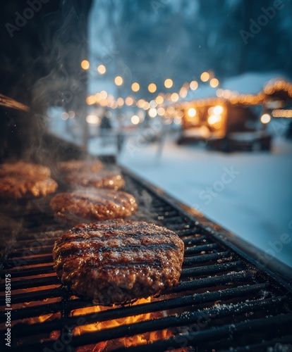Burger patties cooking on a smoking grill