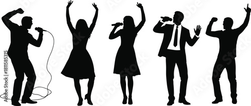 Singer and performer silhouette vector set, male and female, live concert, microphone, music, entertainment, show, celebration, dynamic stage.