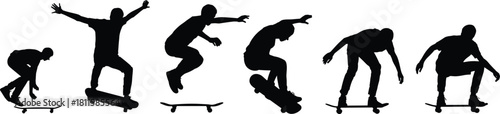 Skateboarder silhouette vector set, performing extreme sport tricks, jumping, skating, urban action, youthful energy, dynamic movement, lifestyle.