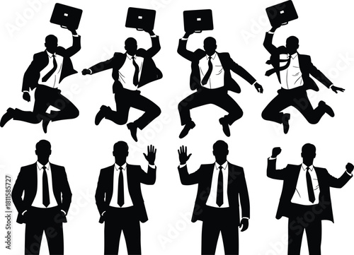 Successful businessman jumping silhouette vector set, celebration, corporate success, achieving goals, promotion, executive staff, professional attire.