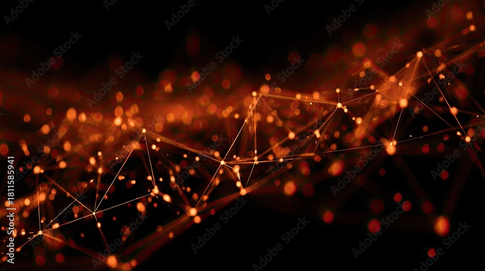 Fototapeta premium Glowing orange network structure illuminates the dark digital background