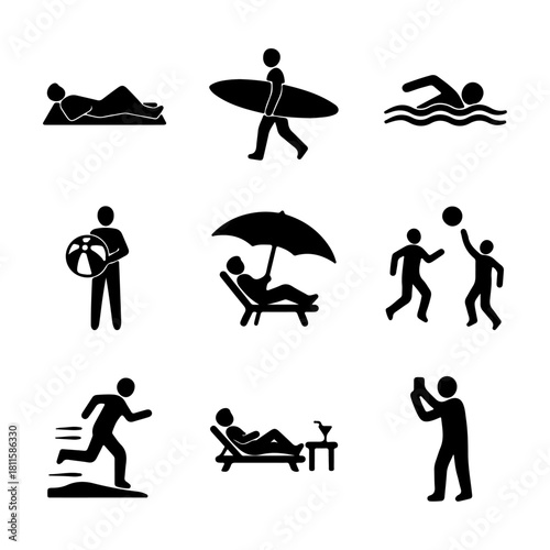 9 black silhouettes of summer beach activities: sunbathing, surfboard, swimming, playing volleyball, and relaxing poses. Ideal for vacation and travel themes.