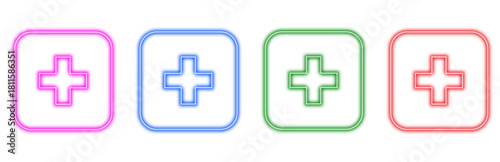 Colorful neon medical plus sign icons with glowing outlines inside rounded squares isolated on a white background representing healthcare and emergency services for digital design