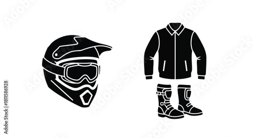 Motorcycle gear including a helmet jacket pants and boots shown in black