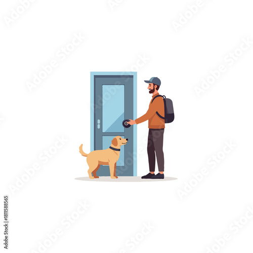 Man and canine companion exploring new doors and pathways, embarking on an adventure and