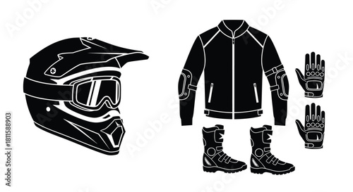 Motorcycle riding gear helmet jacket gloves pants and boots illustrated in black
