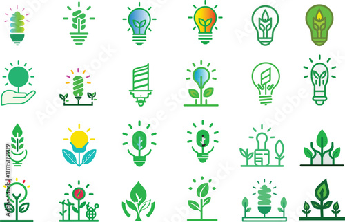Modern flat illustration of lightbulb with leaf and plant symbolizing sustainable innovation, green energy, ecology and environmental protection concept