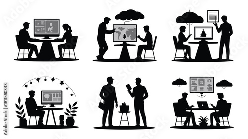 Modern business people working silhouettes