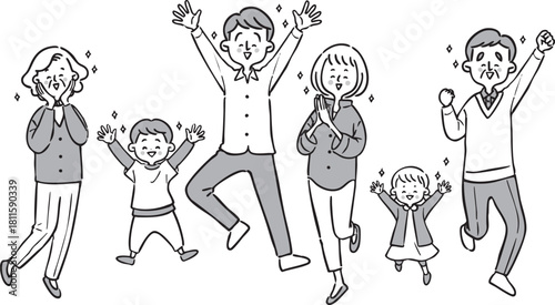 喜んでいる家族三世帯　全身　ベクター（モノクロ）
