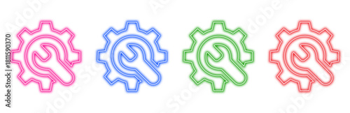 A set of colorful neon icons featuring a wrench and a gear symbol, representing tools, maintenance, and mechanical work, isolated on a transparent background for easy integration into various designs.