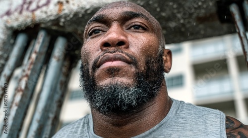 Wallpaper Mural A close-up, low-angle shot of a muscular Black man with a beard, his face glistening with sweat, looking upwards with a determined expression. Torontodigital.ca