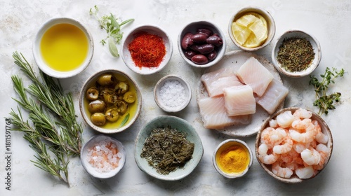 Fototapeta Naklejka Na Ścianę i Meble -  Fresh mediterranean ingredients for culinary inspiration and healthy cooking,National Bouillabaisse Day