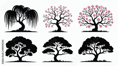 Diverse tree silhouettes and blossoms art
