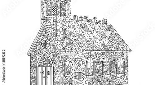 Get creative with this charming Christmas coloring page featuring a delightful holiday church scene adorned with gifts and whimsical details, perfect for all ages