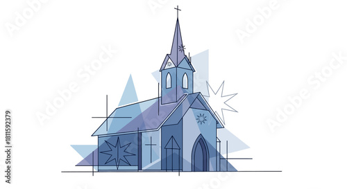 Modern minimalist church illustration radiates peace and serenity with abstract geometric shapes, perfect for faith-based projects and community outreach