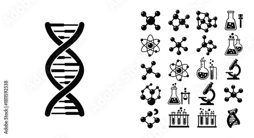 Illustrations of dna structure molecules and laboratory equipment in black and white