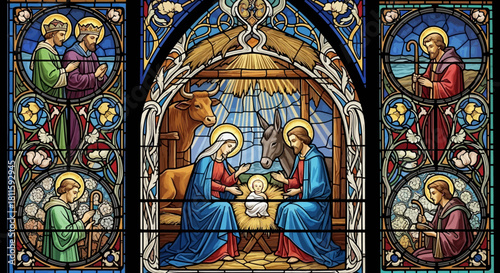 Stunning Nativity Scene in Vibrant Stained Glass Style for Christmas Projects and Religious Designs, Depicting Mary, Joseph, and Baby Jesus