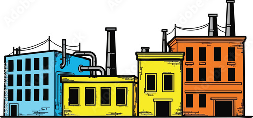 Row of colorful factories industrial buildings with smokestacks and windows against a white background