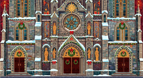 Festive church facade adorned with Christmas wreaths and twinkling lights, creating a warm, inviting atmosphere for seasonal celebrations and holiday spirit