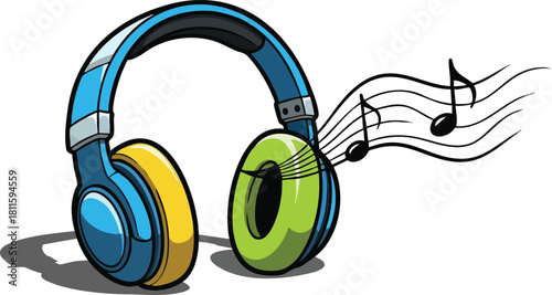 Blue and Yellow Headphones with Green Earcups Playing Music Notes