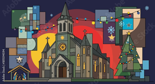 Celebrate Christmas with a church and a Christmas tree, a beautiful reminder of faith and joy during the holiday season with Nativity scene