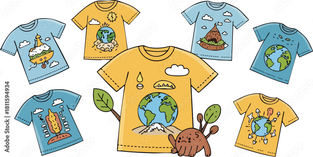 Fototapeta premium Collection Of Cartoon Earth Graphic T Shirts With Environmental Themes And Nature Elements