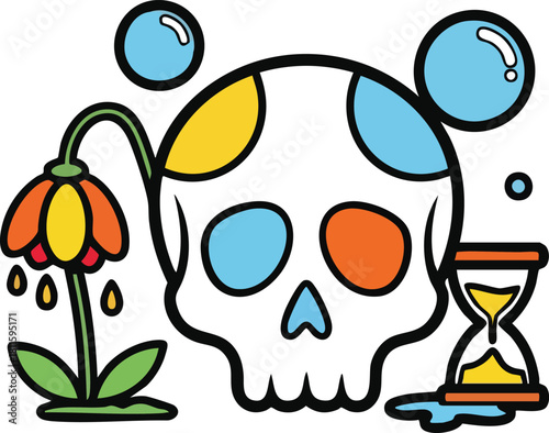 Stylized skull with colorful dots and flower with hourglass and bubbles in a whimsical cartoon art style