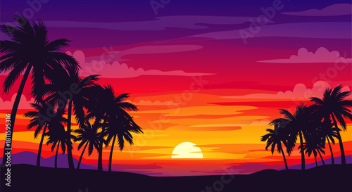 Breathtaking vector illustration of a vibrant tropical sunset with silhouetted palm trees on a serene beach