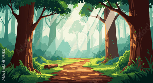Enchanting forest pathway with magical sun rays shining through the trees, a serene and beautiful nature landscape vector illustration ee