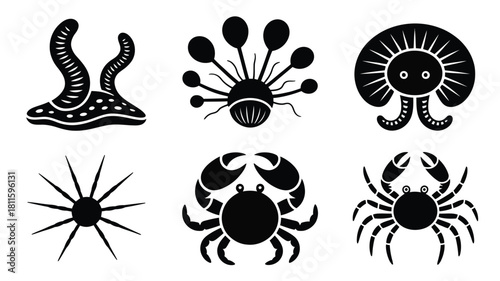 Diverse sea creatures icon set vector art